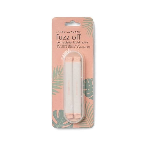 Mellow Monkey Fuzz Off dermaplaner facial razors in pink and white with a clear travel case. Includes 2 razors and 2 mini razors.