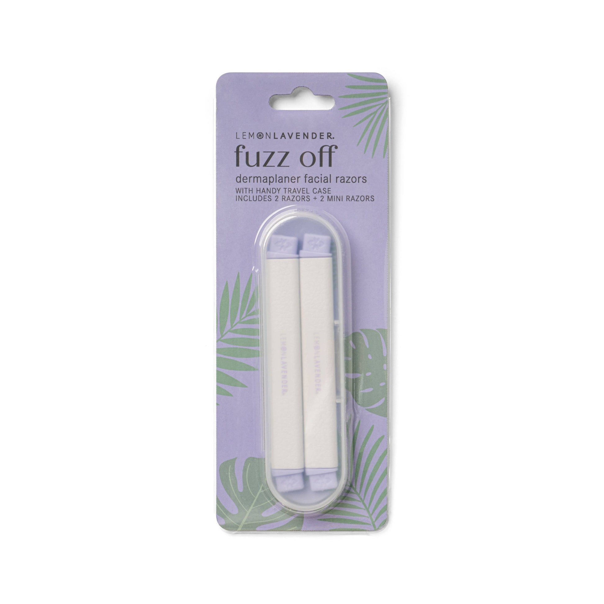Mellow Monkey Fuzz Off dermaplaner facial razors in purple packaging with green palm leaf accents. Includes 2 razors and 2 mini razors with a travel case.