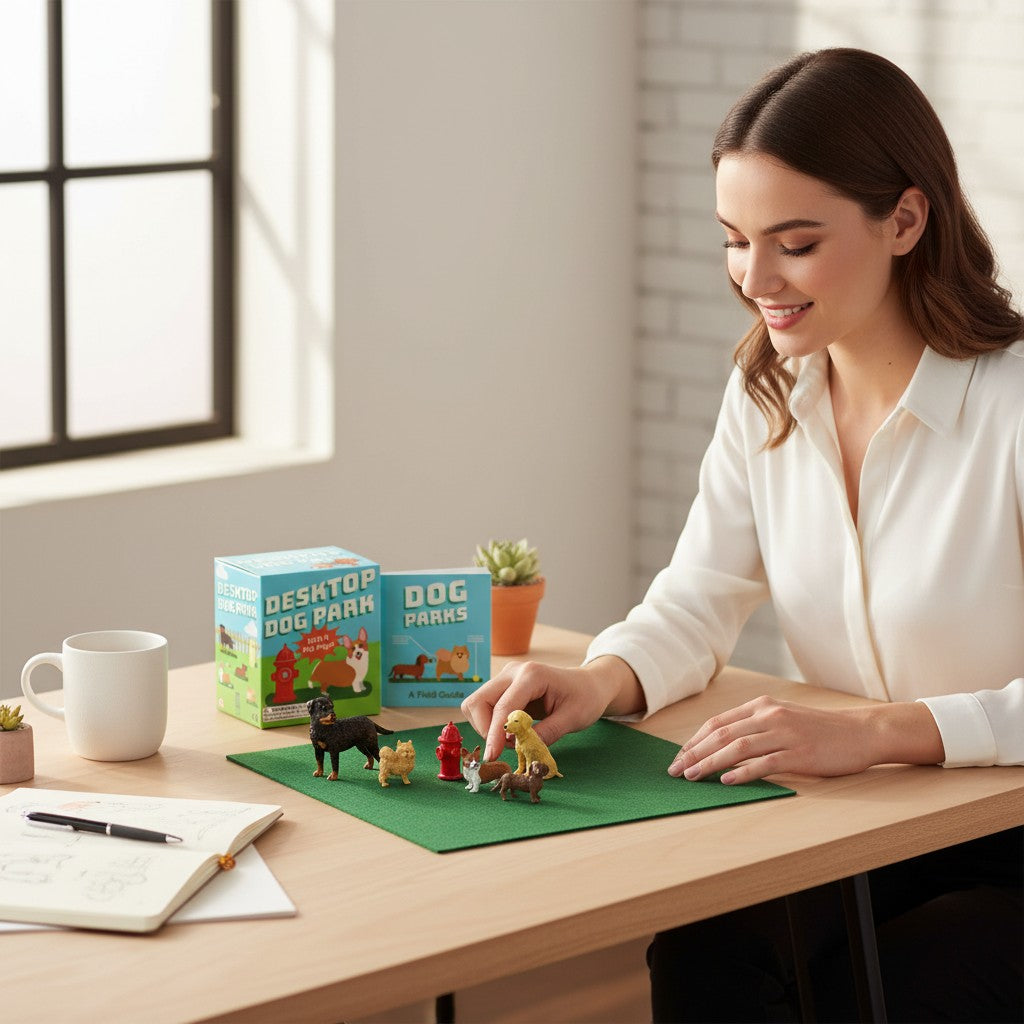 Mellow Monkey Desktop Dog Park kit with five resin dog figurines, a fire hydrant, and a felt lawn on a desk.