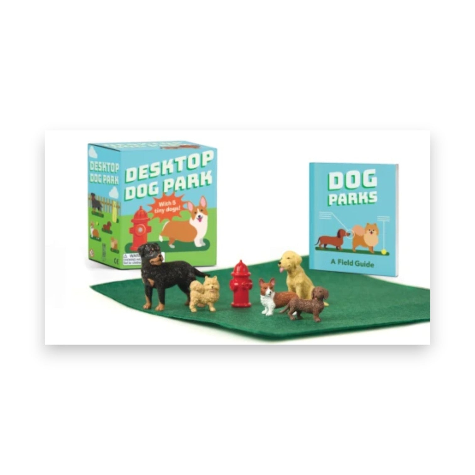 Mellow Monkey Desktop Dog Park kit with five miniature resin dogs, a red fire hydrant, felt lawn, and field guide.