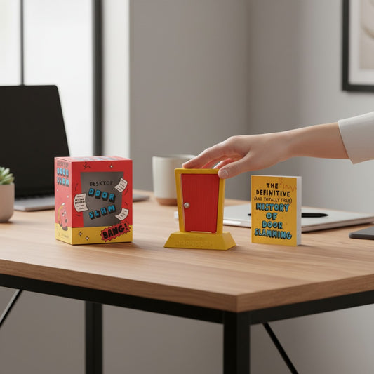 Mellow Monkey Desktop Door Slam toy with red door, yellow base, and mini guide book on a wooden office desk