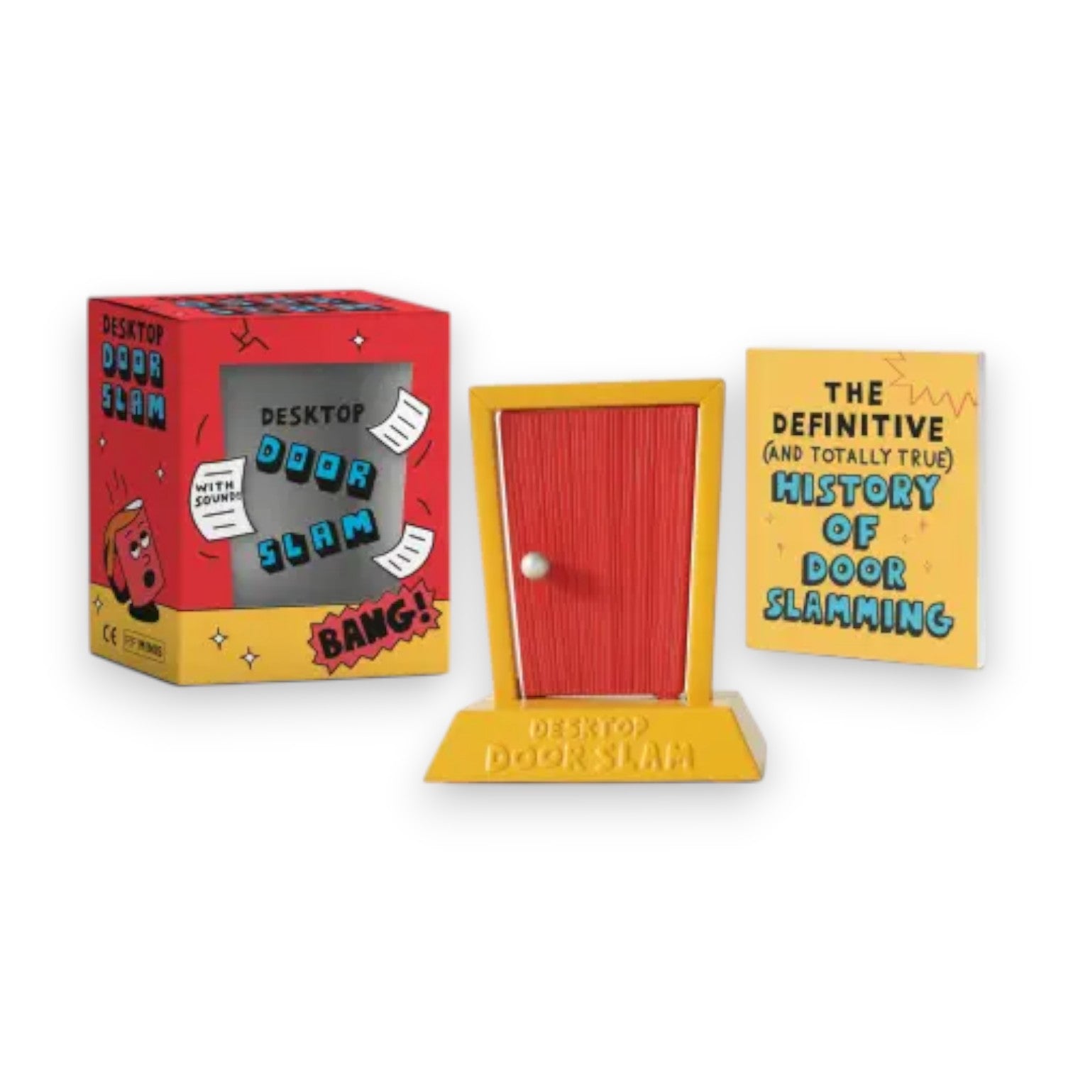 Mellow Monkey Desktop Door Slam stress relief toy with red door, yellow base, and mini guide book in display box.