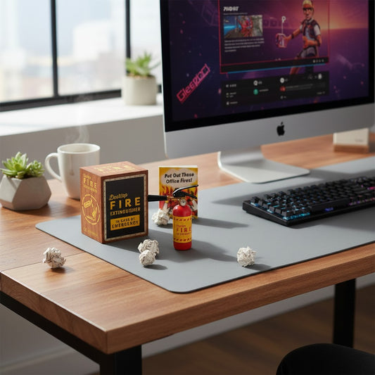 Mellow Monkey Desktop Fire Extinguisher mini toy with box and guide on a desk with computer and office supplies.