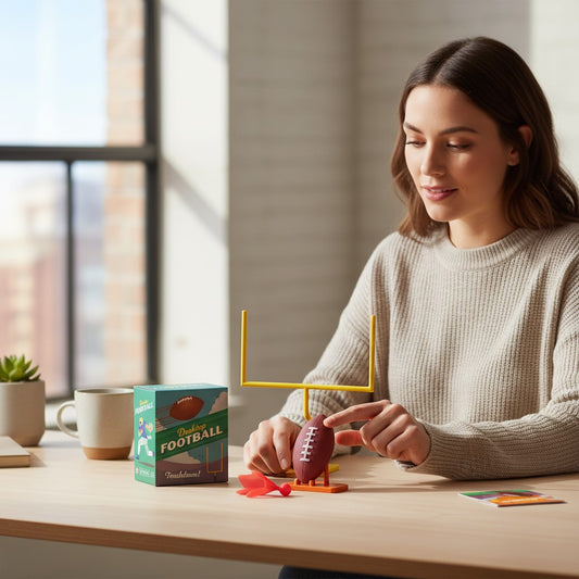 Mellow Monkey desktop football toy kit with goal post, brown football, and kicking tee on an office desk.