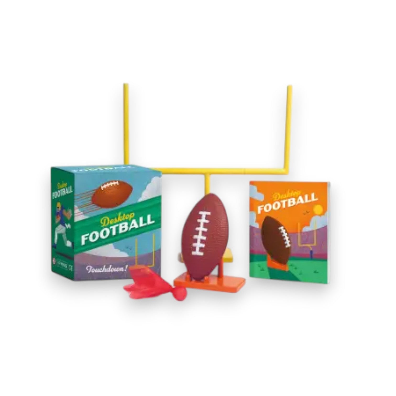 Mellow Monkey desktop football toy kit with goal post, mini football, kicking tee, challenge flag, and rule guide.