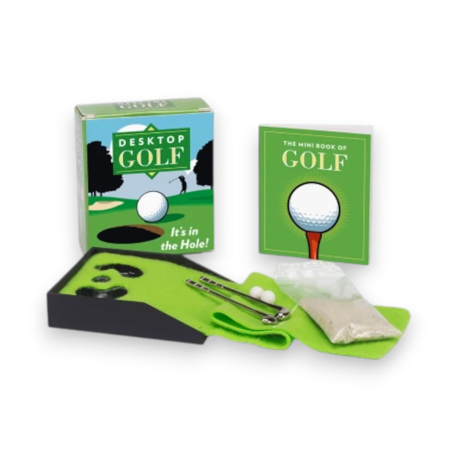 Mellow Monkey Desktop Golfing Green set with mini fairway, metal clubs, golf balls, sand, and a mini golf rule book.