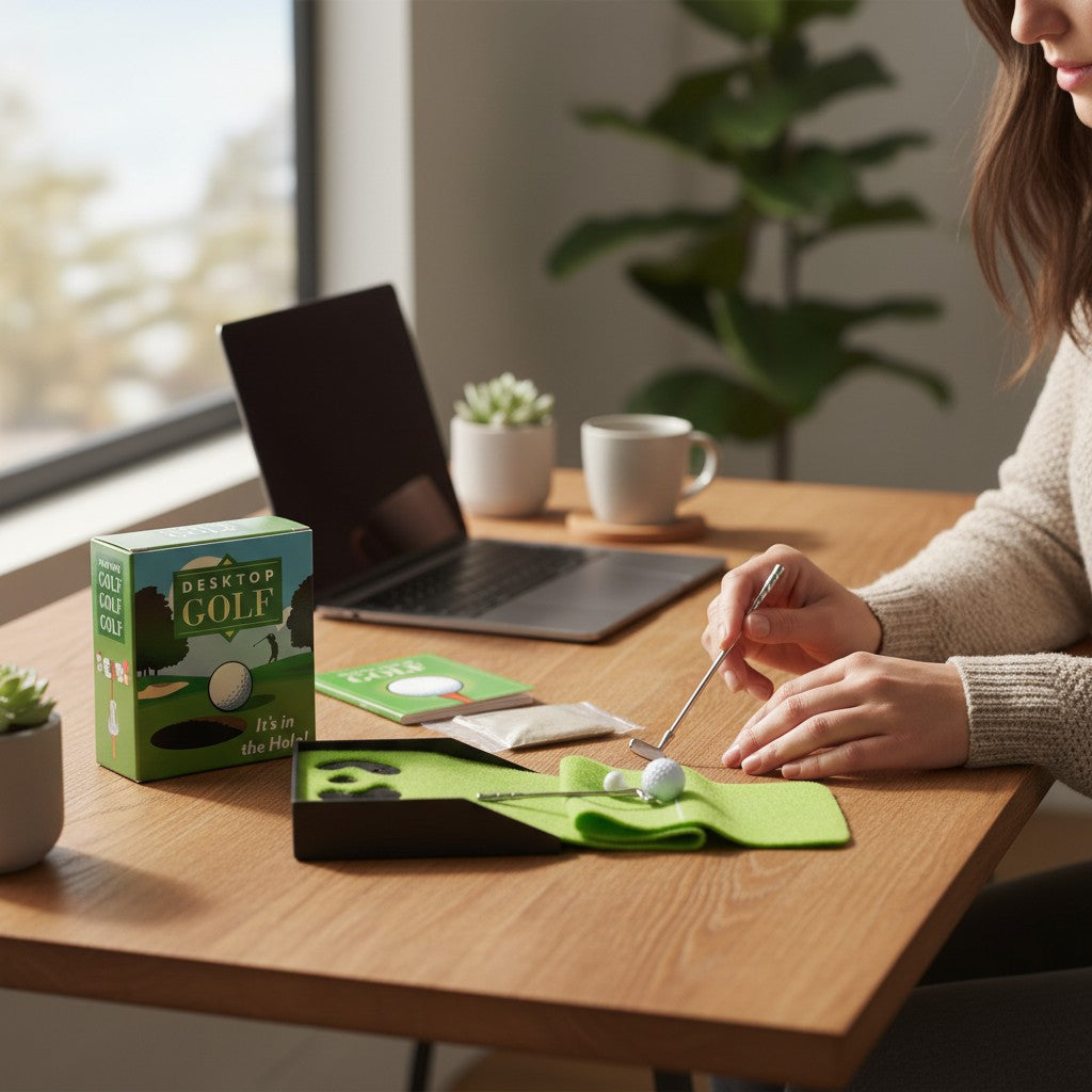 Mellow Monkey desktop golfing green set with mini fairway, metal clubs, and golf balls on an office desk.