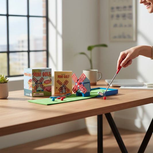Mellow Monkey Desktop Mini Golf set featuring a green putting mat, windmill obstacle, putters, and balls on a desk.