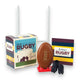 Mellow Monkey Desktop Rugby mini set with goal, ball on tee, boots, and history book on a white background.