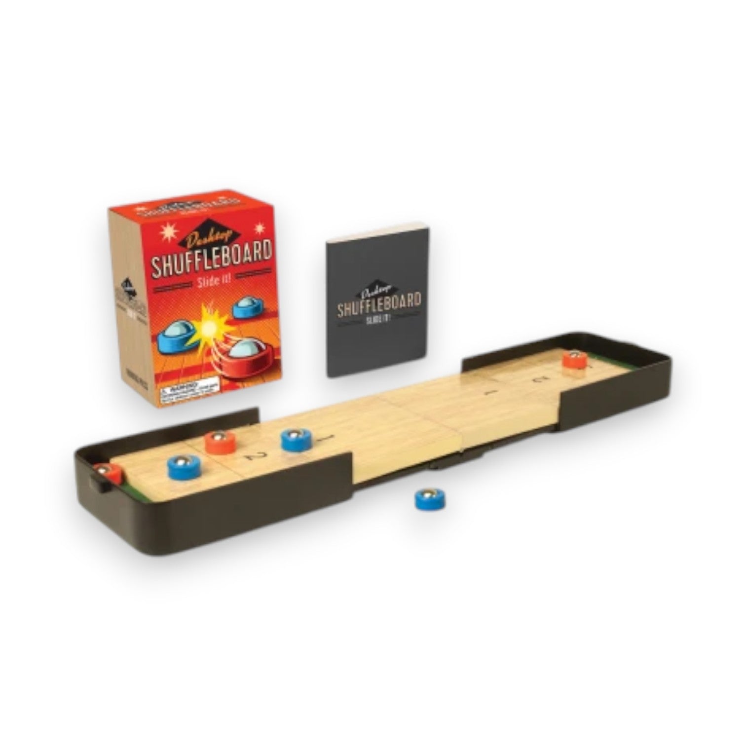 Mellow Monkey portable desktop shuffleboard game set with wooden platform, red and blue pucks, and instruction guide.