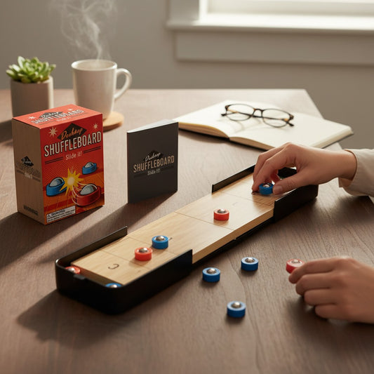 Mellow Monkey Desktop Shuffleboard game set with wooden platform, red and blue pucks, and instruction guide on desk.