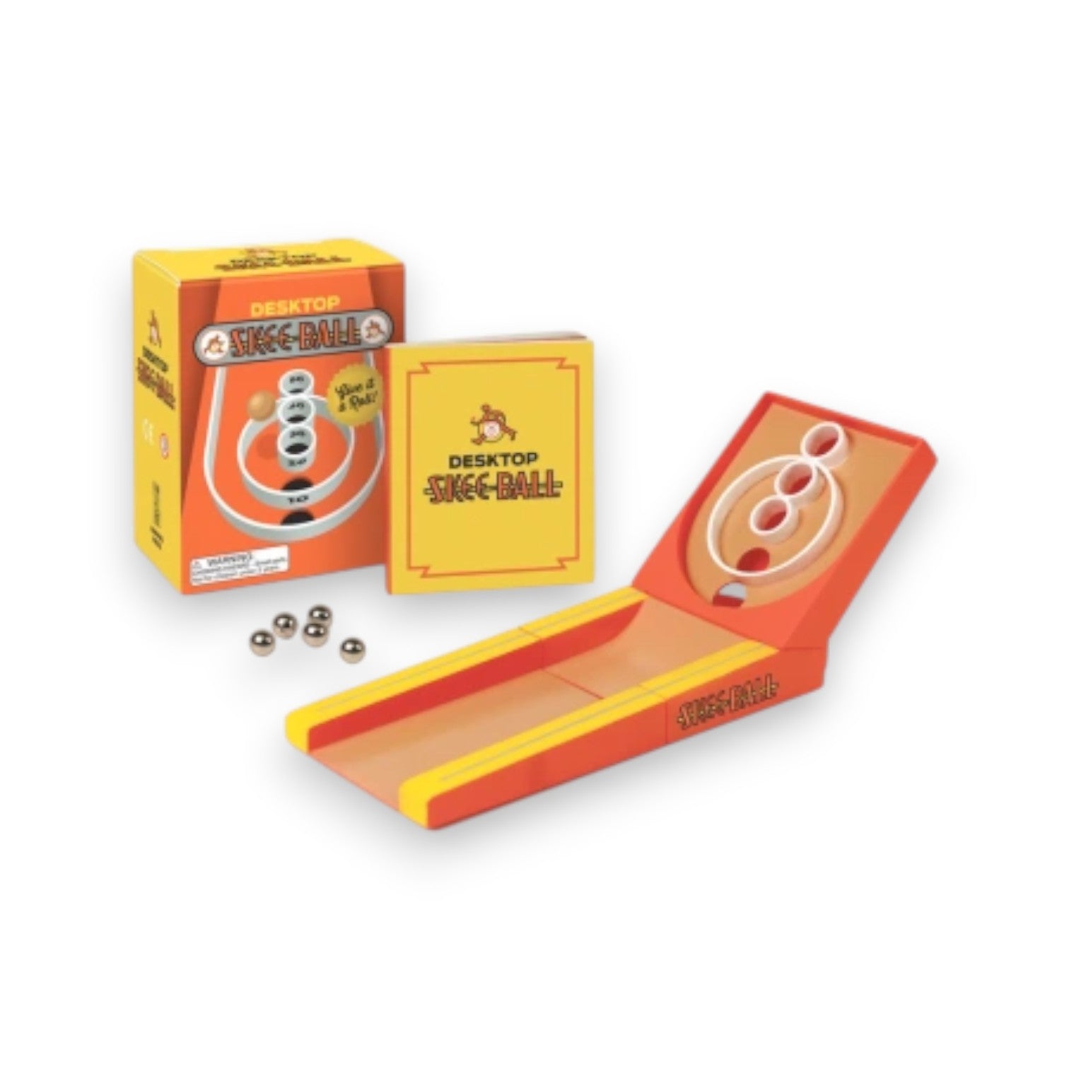 Mellow Monkey desktop Skee-Ball game kit with mini arcade machine, five metal balls, and illustrated guide book.