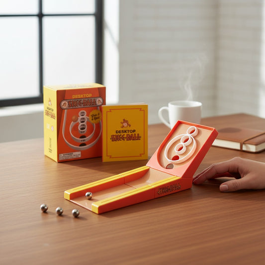 Mellow Monkey desktop Skee-Ball mini game kit with orange ramp, five metal balls, and illustrated guide on a desk.