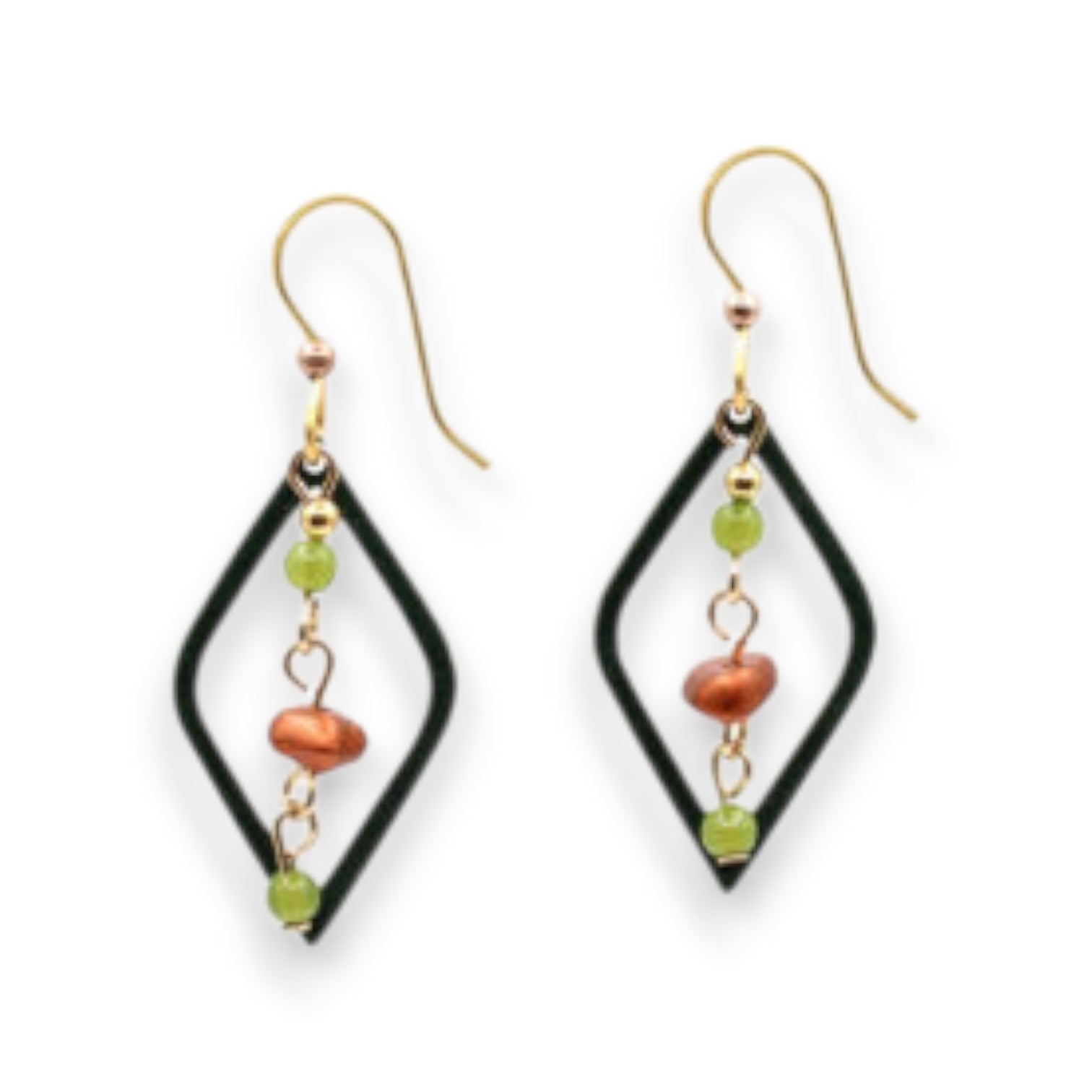 Mellow Monkey Silver Forest diamond-shaped earrings with green and copper beads on surgical steel ear wires.