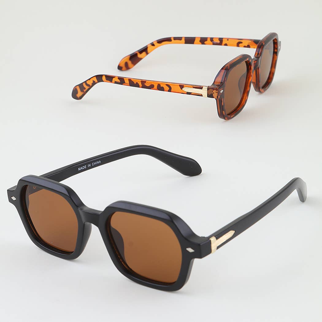 Mellow Monkey Modern Diamond Block sunglasses featuring black and tortoiseshell polygonal frames with metal stud details