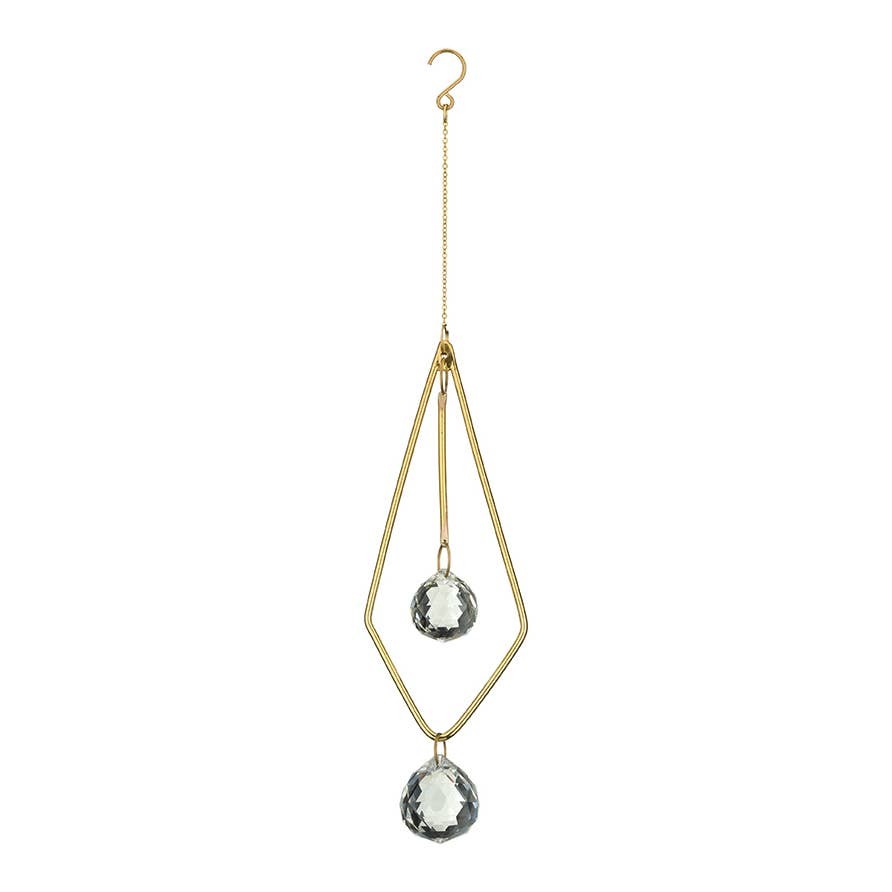 Mellow Monkey diamond-shaped celestial suncatcher with gold wire, metallic chains, and two hanging clear crystals.