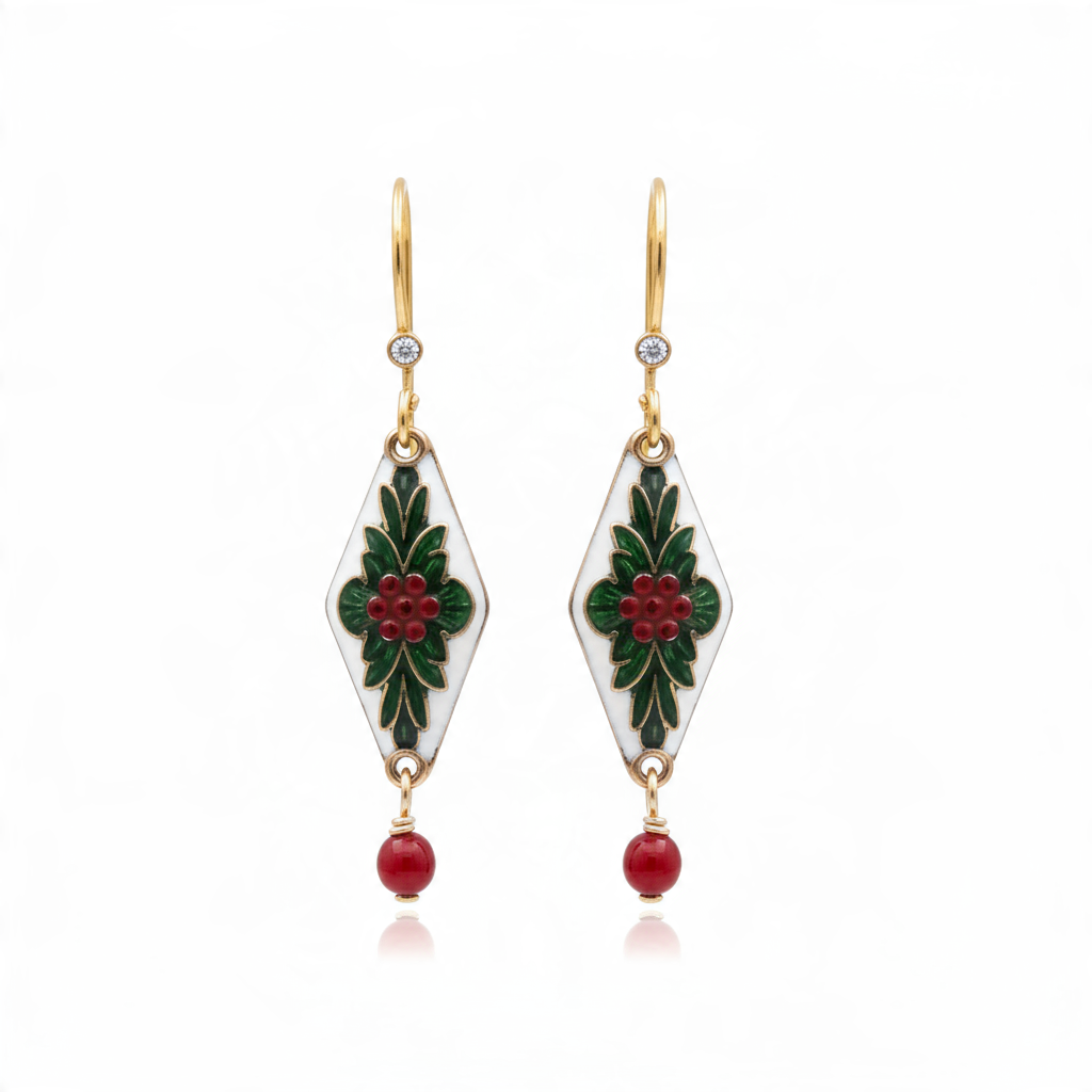 Mellow Monkey diamond-shaped earrings featuring white enamel, green leaves, red berries, and surgical steel wires.