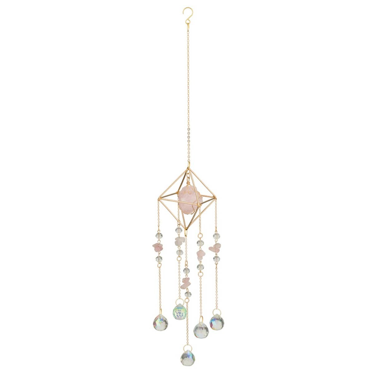 Mellow Monkey Diamond Rose suncatcher with pink healing stones, clear crystals, and gold chains for window decor.