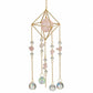 Mellow Monkey Diamond Rose suncatcher with pink healing stones, clear crystals, and gold chains on a geometric frame.