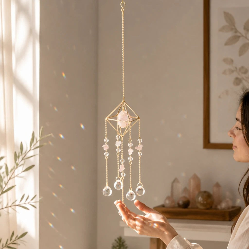 Mellow Monkey Diamond Rose suncatcher with crystals and gold chains casting rainbow light reflections in a sunlit room