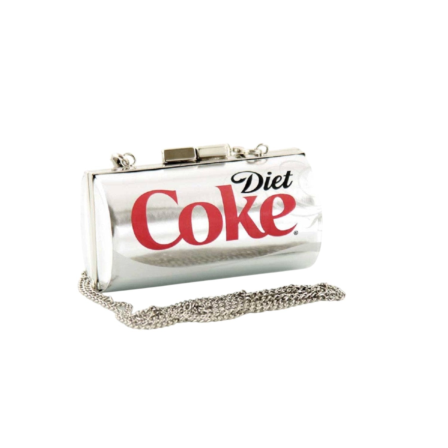 Mellow Monkey metallic silver Diet Coke can novelty bag with a detachable chain strap and secure metal clasp.