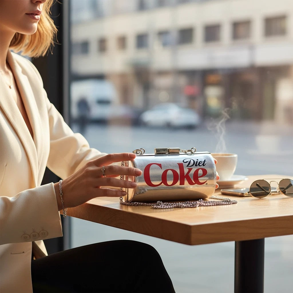 Woman holding a Mellow Monkey metallic silver Diet Coke can novelty bag with a chain strap at a cafe table.