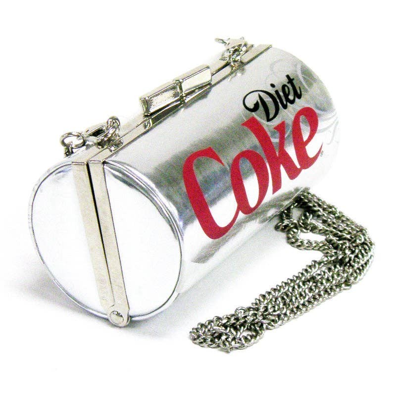 Mellow Monkey metallic silver Diet Coke can novelty bag with a detachable chain strap and secure metal clasp.