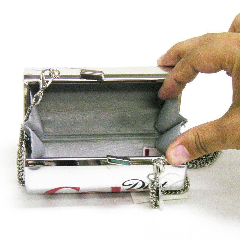 Mellow Monkey metallic silver Diet Coke can novelty bag with fabric lining, metal clasp, and detachable chain strap.