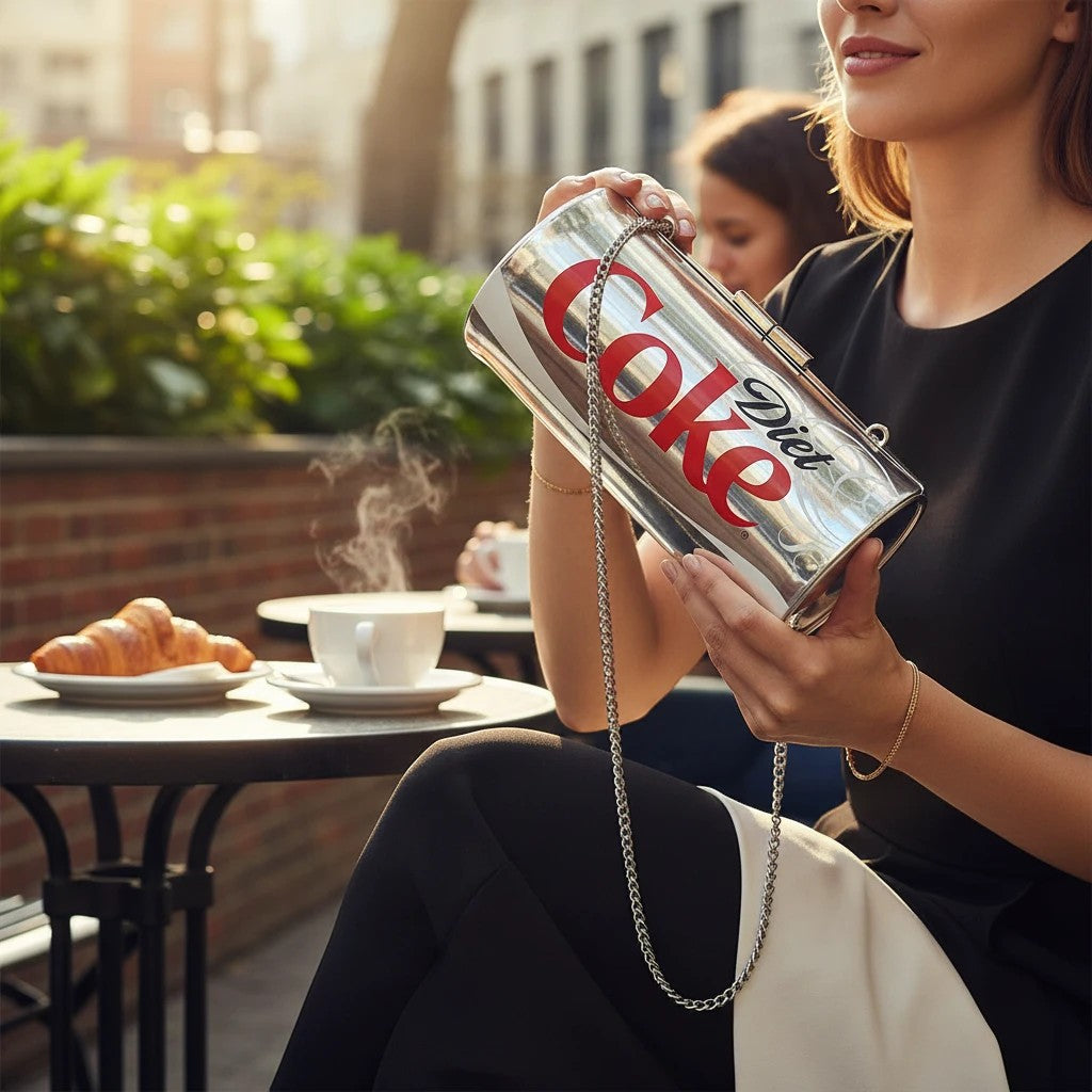 Mellow Monkey Diet Coke novelty shoulder bag with silver finish and chain strap held by a woman at an outdoor cafe.