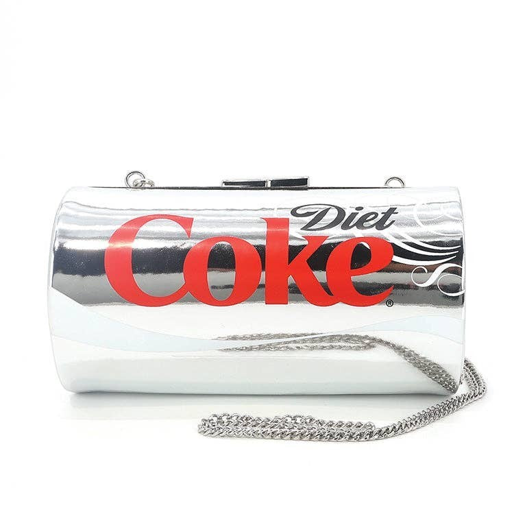 Mellow Monkey silver Diet Coke can novelty shoulder bag with red logo and detachable chain strap.