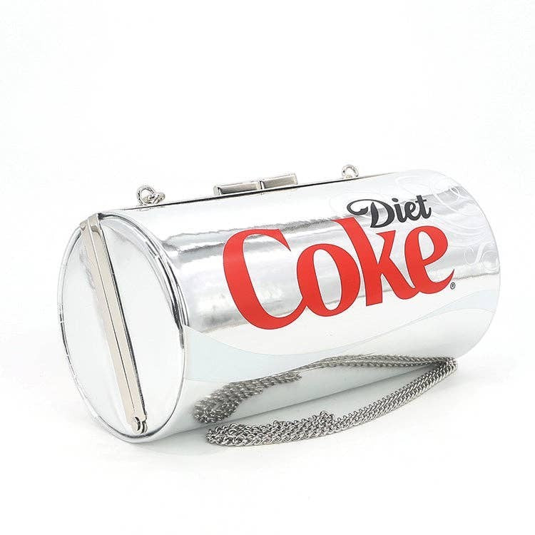 Mellow Monkey silver Diet Coke can novelty shoulder bag with a detachable chain strap and secure clasp closure.
