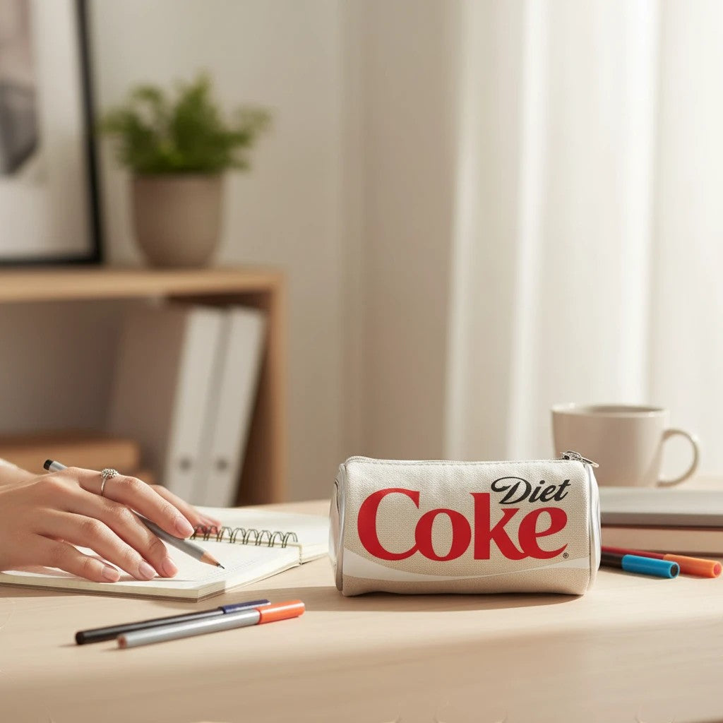 Mellow Monkey Diet Coke canvas coin purse shaped like a soda can sitting on a desk next to a notebook and pens.