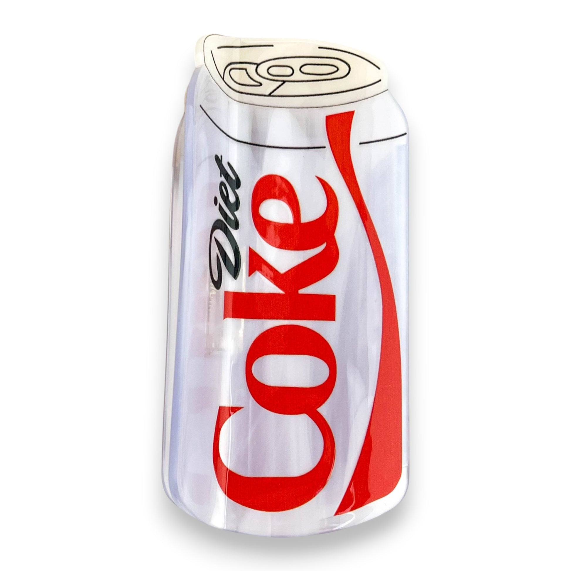 Mellow Monkey Diet Coke soda can shaped acetate hair claw clip in red, white, and silver.