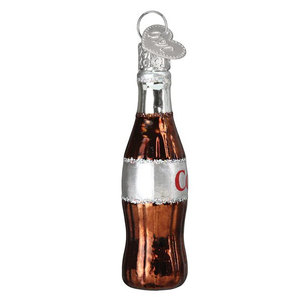Mellow Monkey Mini Diet Coke bottle blown glass holiday ornament, 2-3/4-in. Features silver label with red "COKE" lettering.