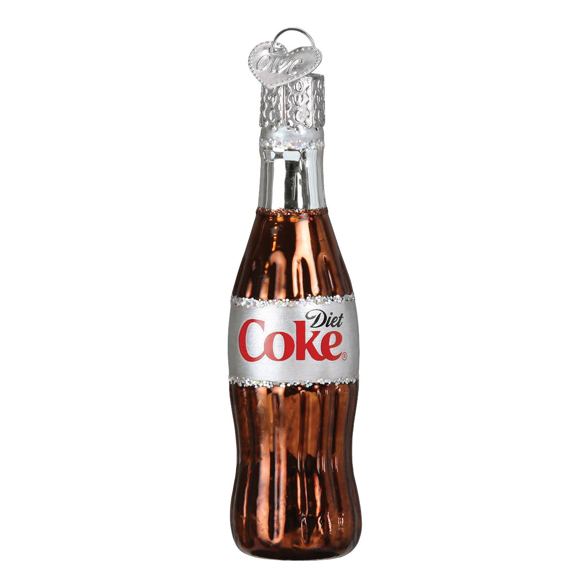 Mellow Monkey Mini Diet Coke bottle blown glass holiday ornament with silver cap and heart charm.