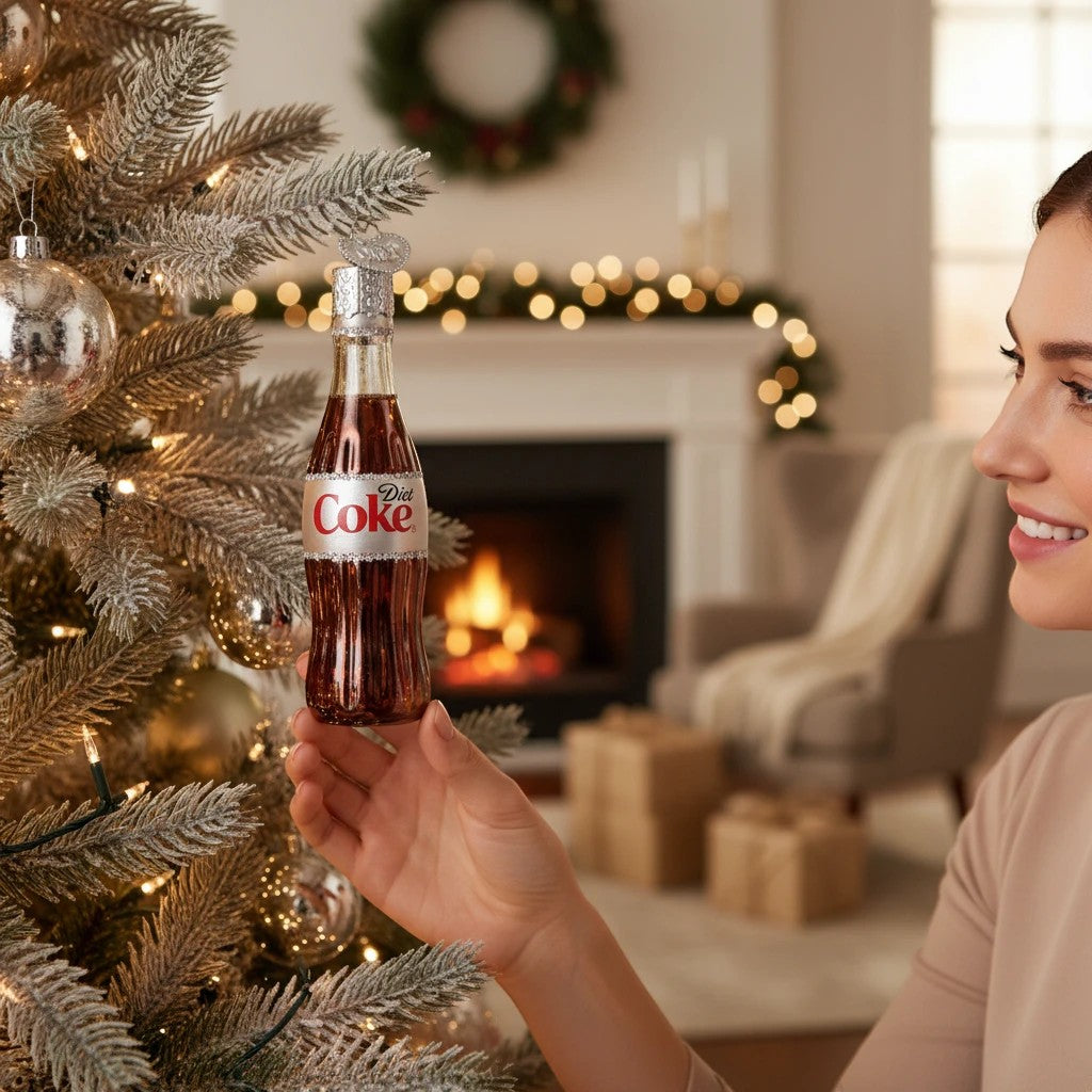 Mellow Monkey Mini Diet Coke bottle blown glass holiday ornament with silver cap, 2.75-in