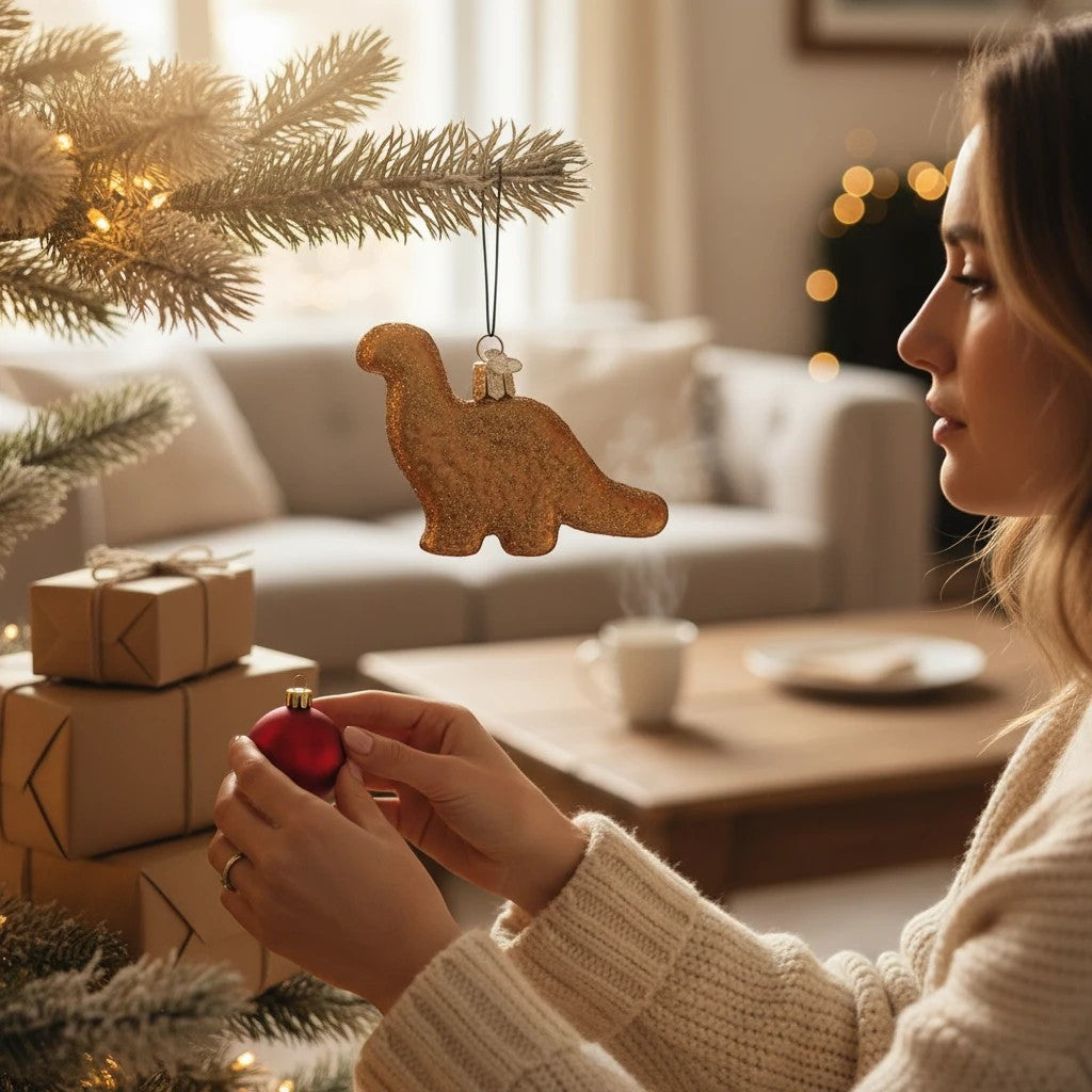 Mellow Monkey Dino Chicken Nugget glass holiday ornament, gold glitter finish, shaped like a dinosaur.