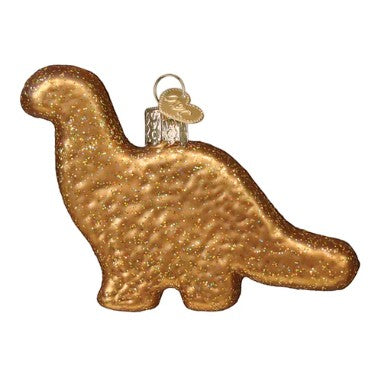 Mellow Monkey Dino Chicken Nugget blown glass holiday ornament, gold glitter finish, 3-3/4-in