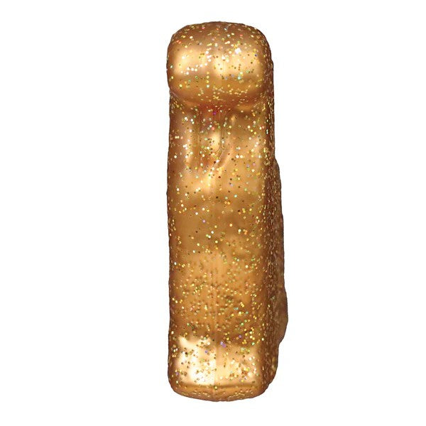 Mellow Monkey Dino Chicken Nugget blown glass holiday ornament, gold glitter finish.