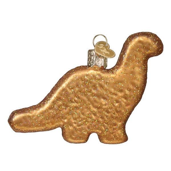 Mellow Monkey Dino Chicken Nugget blown glass holiday ornament, gold glitter finish, shaped like a dinosaur.