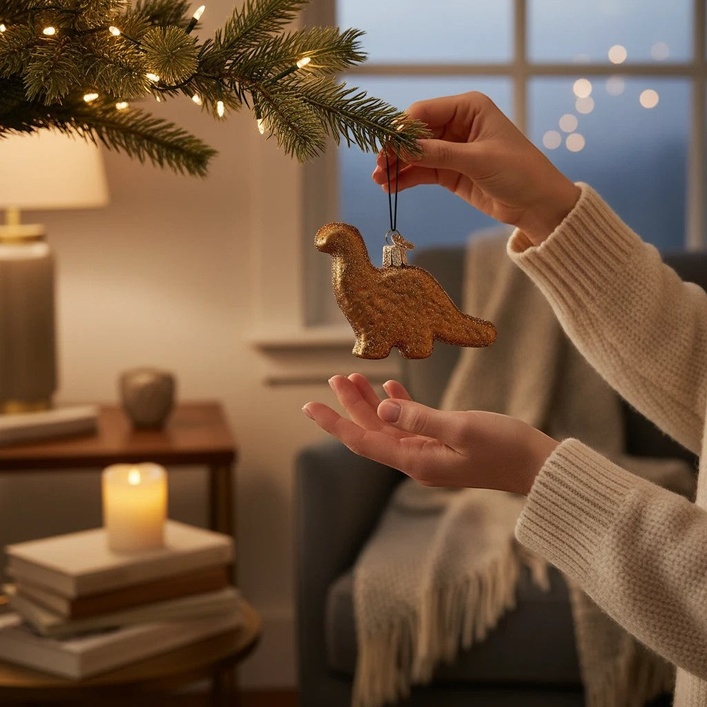 Mellow Monkey gold glitter dinosaur Christmas ornament hanging from a tree branch.