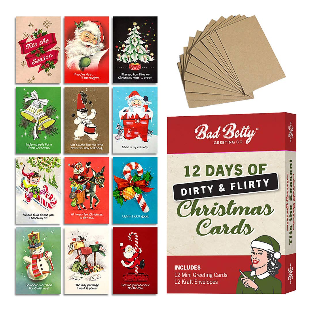 Mellow Monkey 12 Days of Dirty & Flirty Christmas card set with 12 risqué mini cards, kraft envelopes, and gift box.