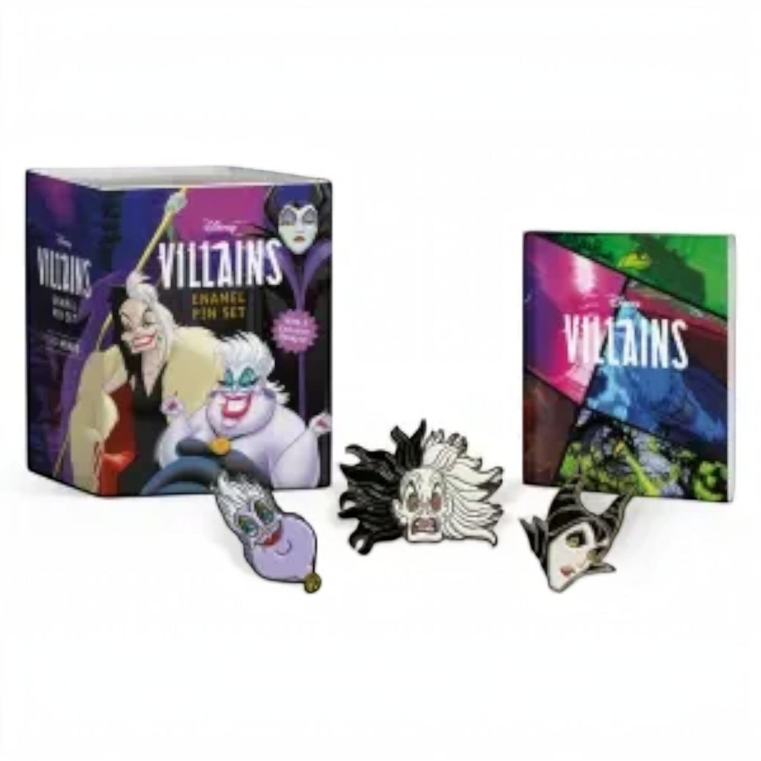 Mellow Monkey Disney Villains enamel pin set featuring Cruella De Vil, Maleficent, and Ursula with a mini booklet.