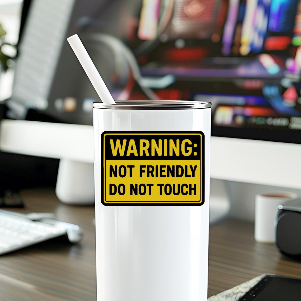 Mellow Monkey Do Not Touch vinyl sticker with yellow warning sign design applied to a white tumbler