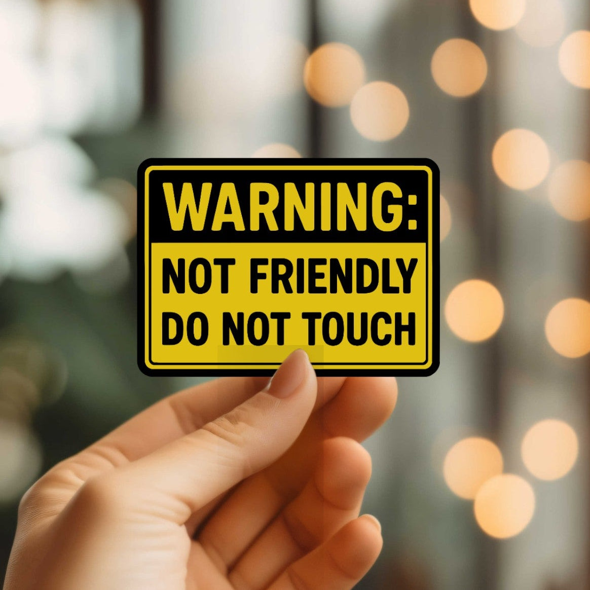 Mellow Monkey waterproof vinyl sticker with a yellow and black warning sign design reading Not Friendly Do Not Touch