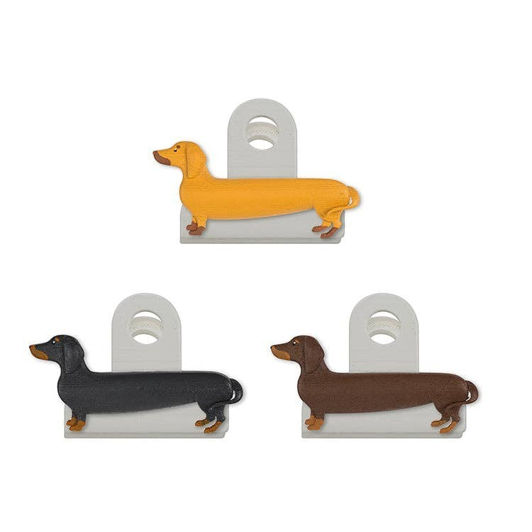 Mellow Monkey set of 3 dog bag clips in yellow, black, and brown. Made from ABS and spring steel.