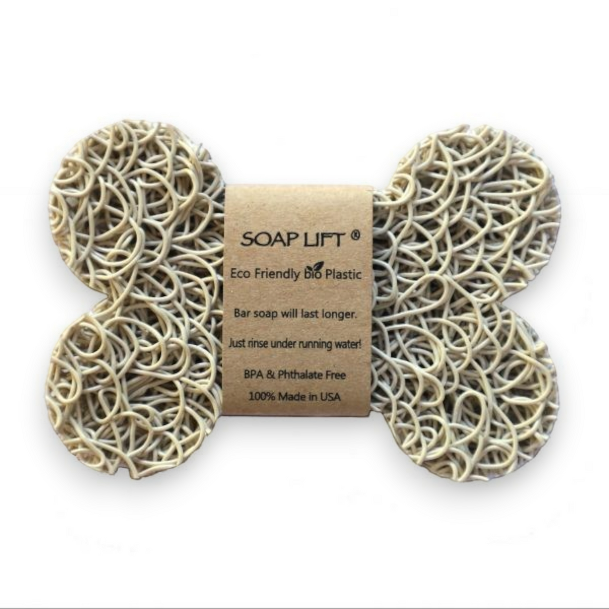 Mellow Monkey dog bone shaped bioplastic soap lift for draining bar soap, beige color, made in the USA.