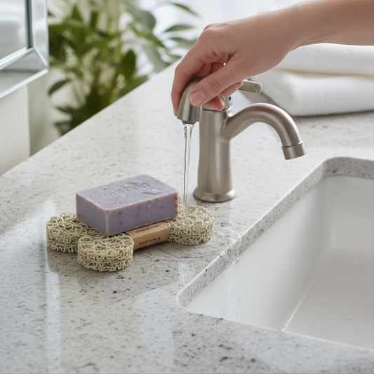 Mellow Monkey dog bone shaped bioplastic soap lift pad holding a bar of soap on a bathroom vanity counter