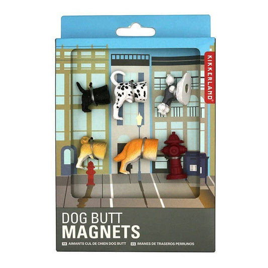 Mellow Monkey Dog Butt Magnets set of 6, featuring five different dog butts and a fire hydrant.