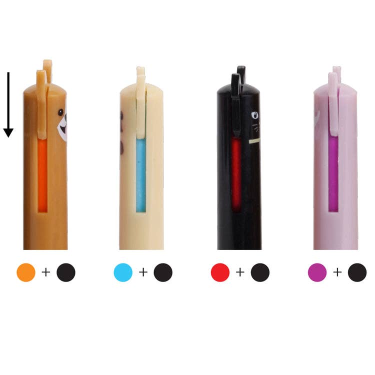 Mellow Monkey multicolor click pens featuring dog and cat designs with two-colored ink options in a set of four